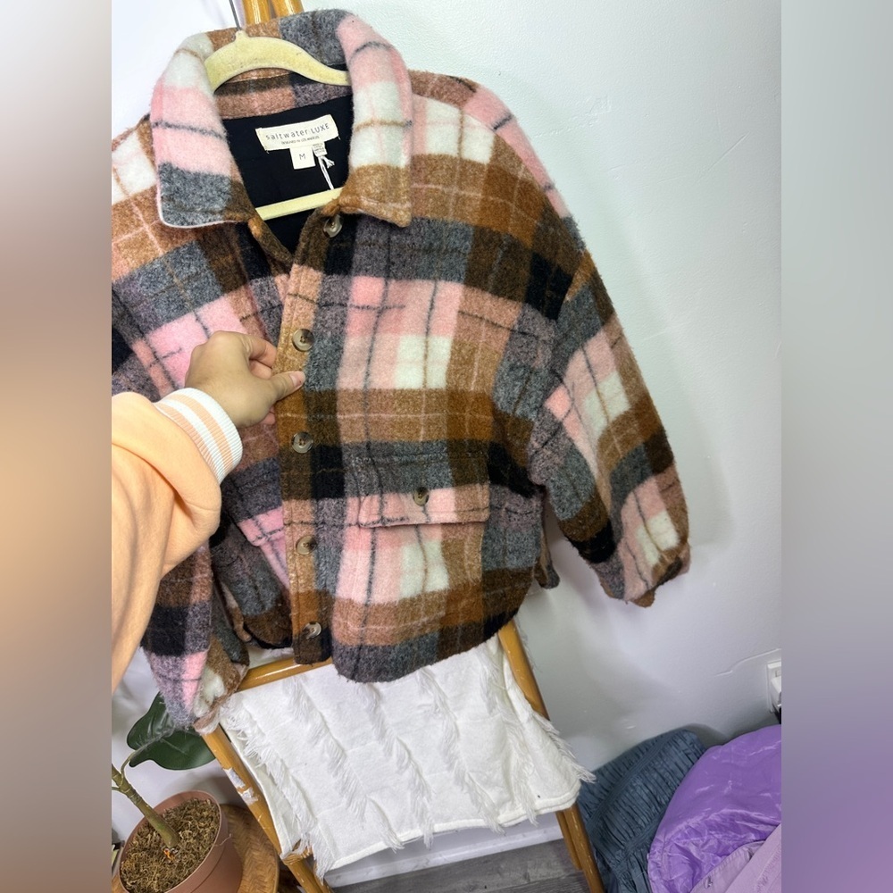 NWT Saltwater Luxe Pink and Brown Plaid Cropped Jacket sz M - Picture 6 of 7